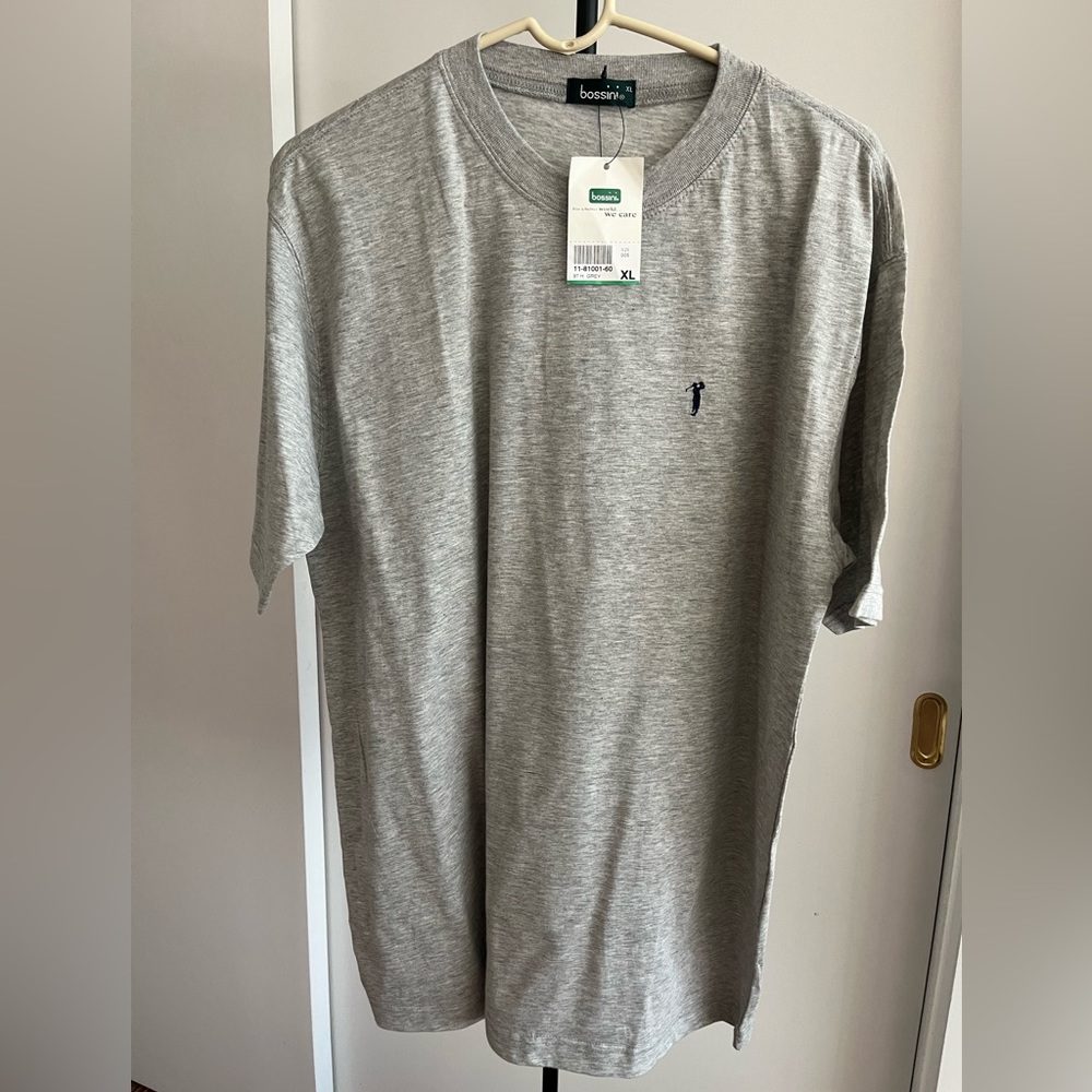 premium cotton Bossini Mens T-Shirt 👕 short sleeve Heather Gray w Bossini Logo